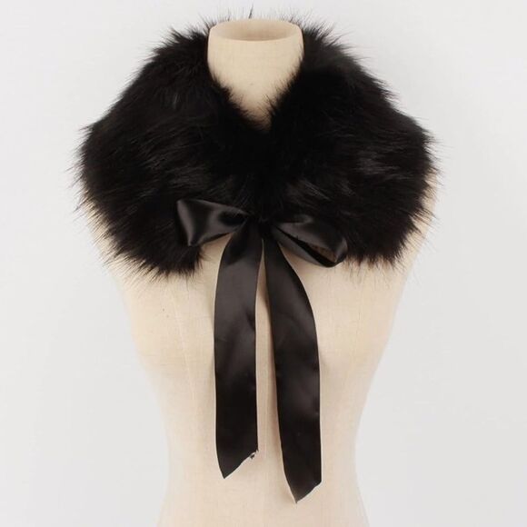 NWT Faux Fur Wrap Collar Scarf Black Tie Retro Elegant Winter Glam Gala Holiday - Picture 1 of 10